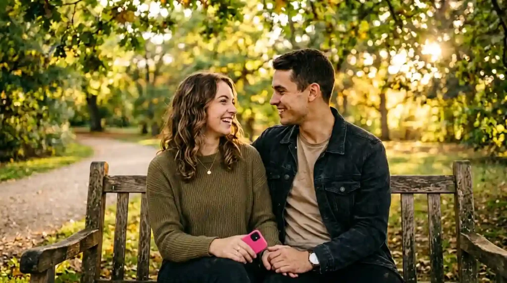 Couple talking on park bench