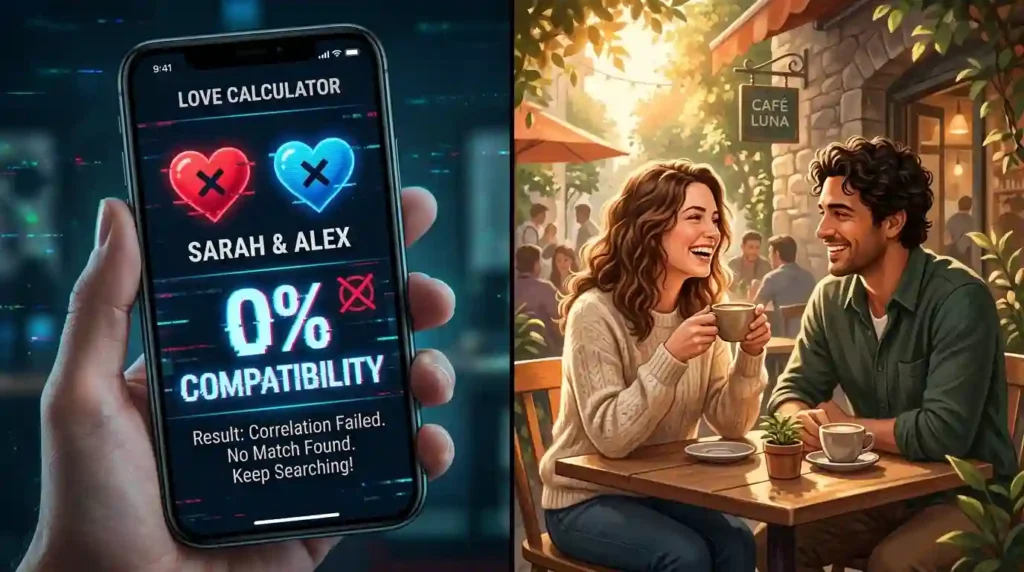a phone displaying a love calculator result of 0%