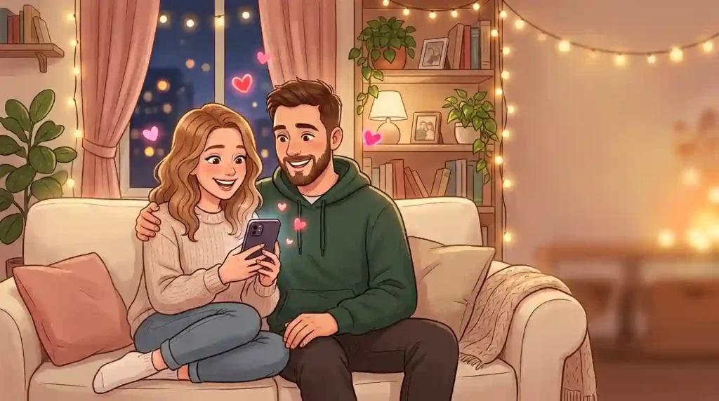 Couple sitting on sofa smiling