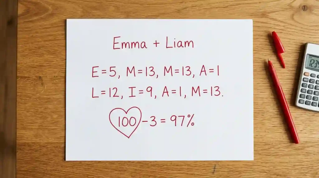 Handwritten love calculation on Paper